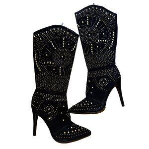 Black Studded High Heel Boots Mid Calf Size 10 Stiletto Beyonce Cowboy Sexy Y2k